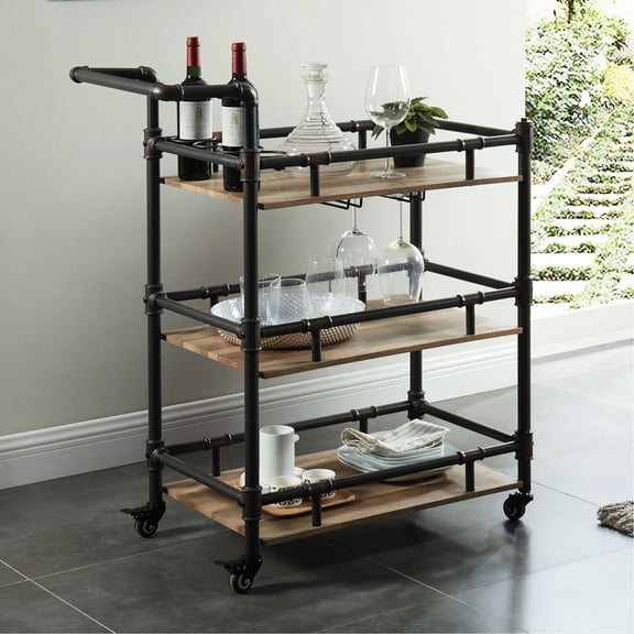 Industrial 1pc 3-Tier Serving Cart | Used in Transitional Dining | Antique Black and Solid Oak | Simple to Assemble