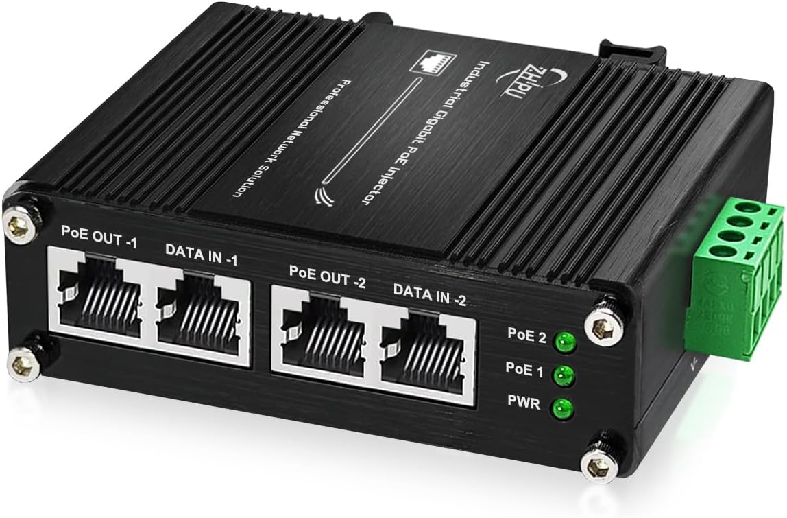 Industrial 2 Ports PoE Injector, Hardened Gigabit 30W PoE+ Injector IEEE802.3 at POE Adapter POE Midspan Max 60W Single Port Power Over Ethernet with 12-48V DC Input DIN Rail Mount