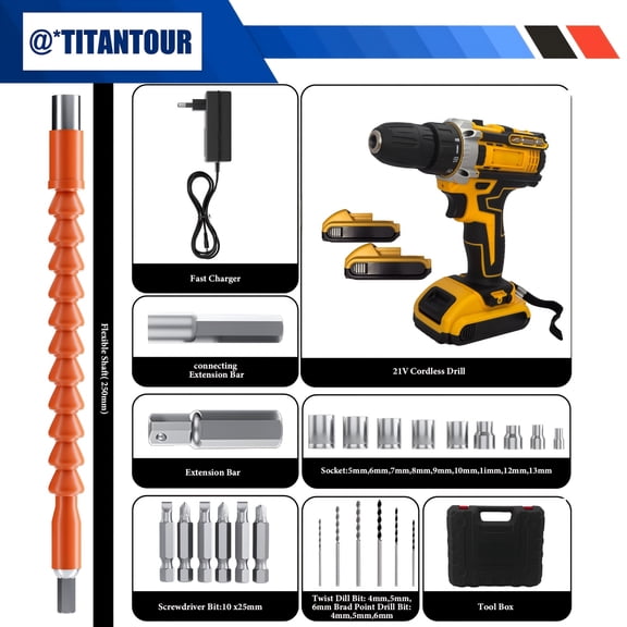 Industrial 21V Yellow Brushless Drill Kit - 21200mAh Batteries, Fast Charger, 18+1 Torque, 3/8" Keyless Chuck, 24pcs CrV Bits for Heavy Duty Metal Drilling