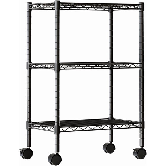 Industrial 3 Level Grid Storage Rack ，Mobile Metallic Shelving System with Lockable Wheels， Multi-Purpose Cabinet for Workshop, Culinary Space, Storeroom, Washroom & Restroom Black