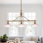 Industrial 3-Light Dining Room Chandelier, Bronze Iron Pendant Light with Glass Shades & Adjustable Hanging Rods, 31.5" Length 43.3" Height, E26 3 Sockets