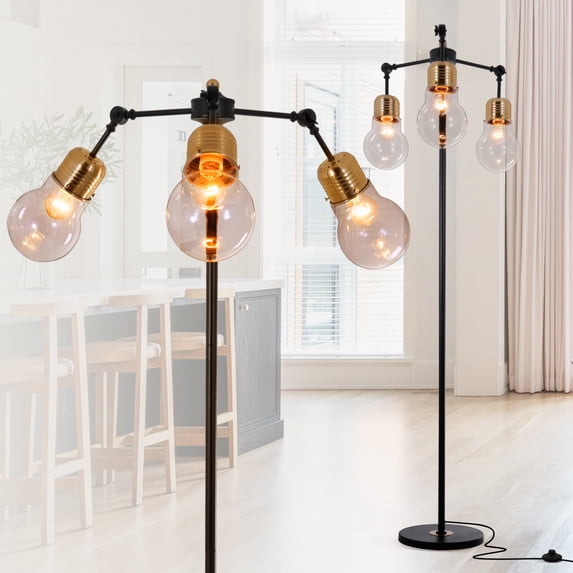Industrial 3-Light Floor Lamp - Adjustable Wrought Iron Frame & Frosted Glass Shades | 22.8" Wide 63" High Oversized Base Plate E26 x3 Sockets for Living Room Hallway