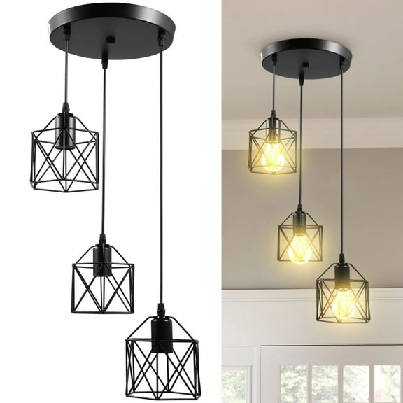 3-Light Ceiling Pendant Light, Flush Mount Hanging Light Fixture with Adjustable Cords, Geometric Iron Lampshades, E26 Base for Kitchen, Dining Room, Living Room, Bedroom Lighting