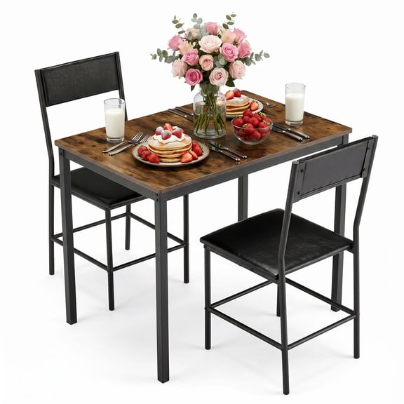 Industrial 3-Piece Dining Table Set for 2, 35.4" Rectangular Kitchen Table with Metal Frame & 2 PU Leather Upholstered Chairs, Space-Saving for Apartment/Dining Room Black + Brown Tabletop