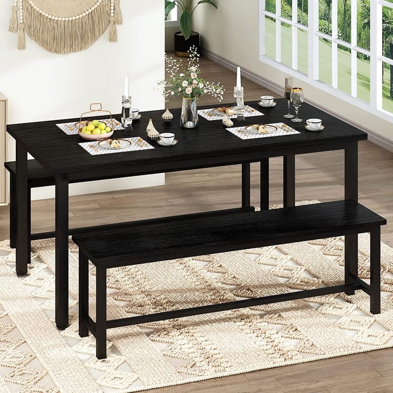 Industrial 3-Piece Dining Table Set, Retro Wood Kitchen Table Set with 2 Benches for Home ...