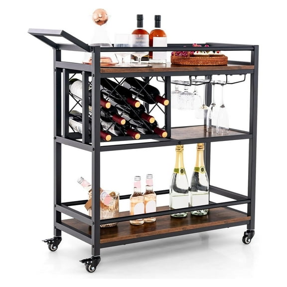 Industrial 3-Tier Bar Cart, Mobile Kitchen Serving Cart with Wine Rack and Glass Holder, Rolling Serving Cart on Wheels for Home, Kitchen, Dining Room, Living Room (Rustic Brown & Black)