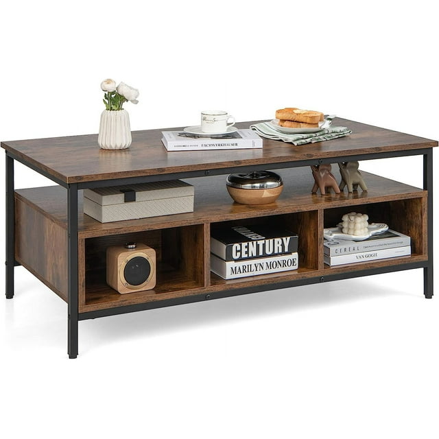 Industrial 3-Tier Coffee Table, Rectangular Center Table with Open