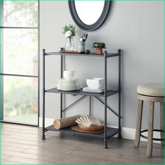 Industrial 3-Tier Foldable Console Table, Sandy Black & Dark Bronze | Black,Bronze | Metal