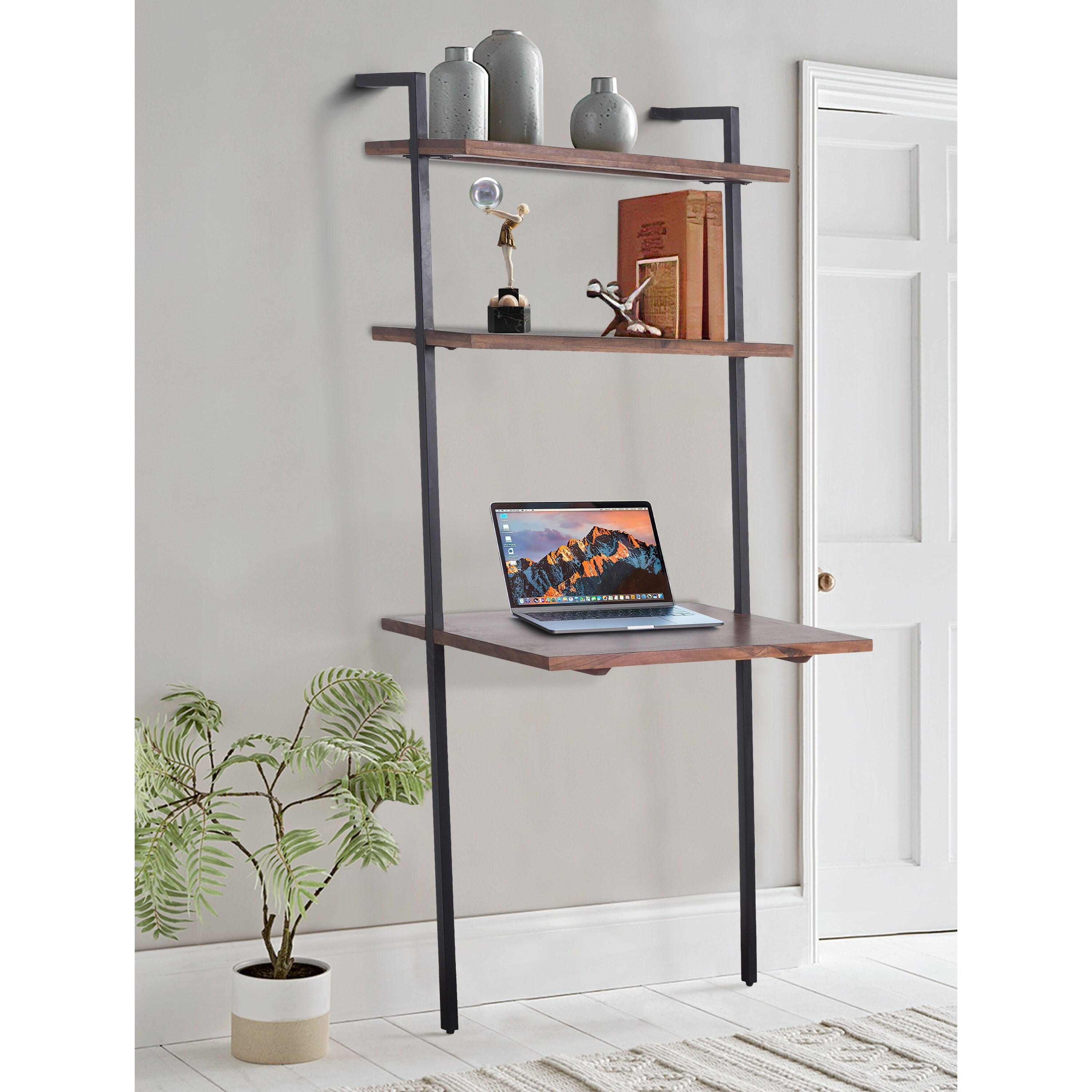 Industrial 3-Tier Brown Mango Wood Ladder Wall Shelf