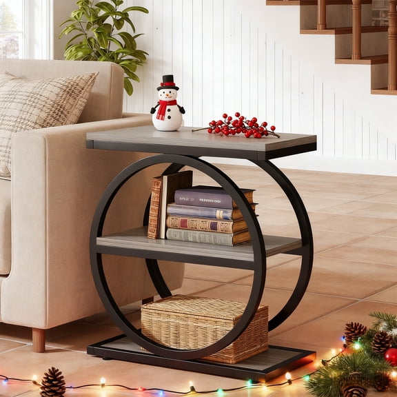 Industrial 3-Tier Narrow End Table With Storage Shelves, Wood Side Table With Black Metal Frames, Slim Sofa Side Table For Living Room, Grey Bedside Nightstand For Bedroom