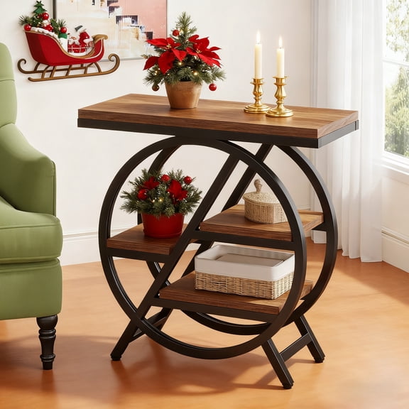 Industrial 3-Tier Narrow Side Table With Storage, Wood Sofa End Table With Geometric Metal Frame, Multifunctional Nightstand Bedside Table For Living Room, Bedroom, Rustic Brown