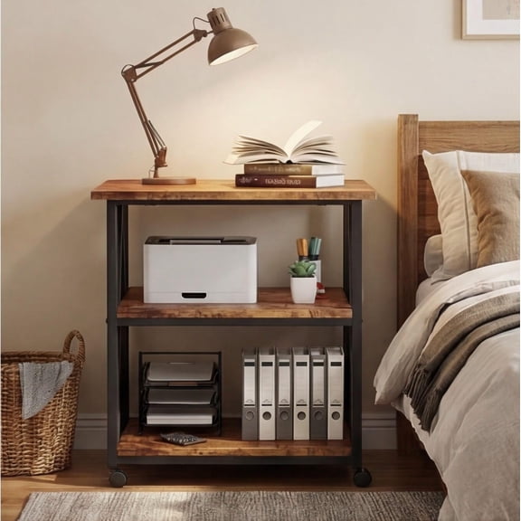 Industrial 3-Tier Printer Stand with Storage, Rolling Mobile Printer Cart with Wheels for Office, Heat Press & Scanner