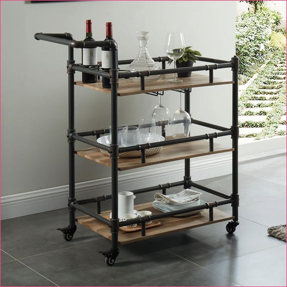 Industrial 3-Tier Serving Cart with Wheels, Antique Black & Natural Oak | Oak | Dining Room