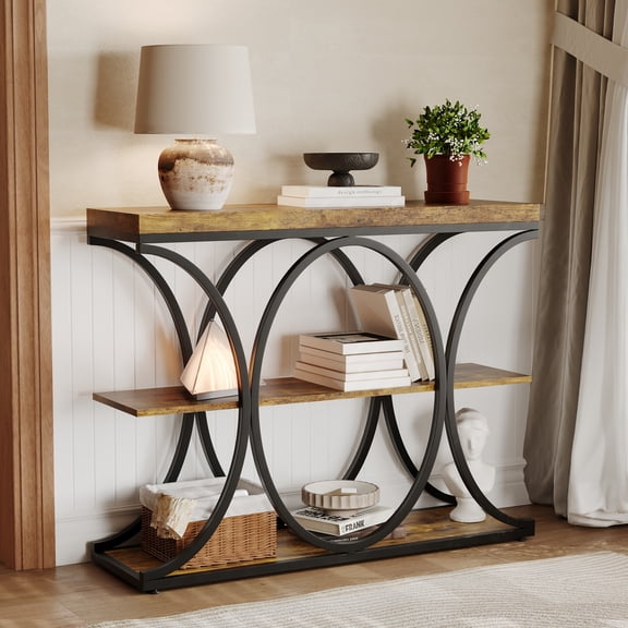 Industrial 3-Tier Storage Console Table - 39" Narrow Size, Round Metal Base, Multi-Scene Use for Entryway/Living Room
