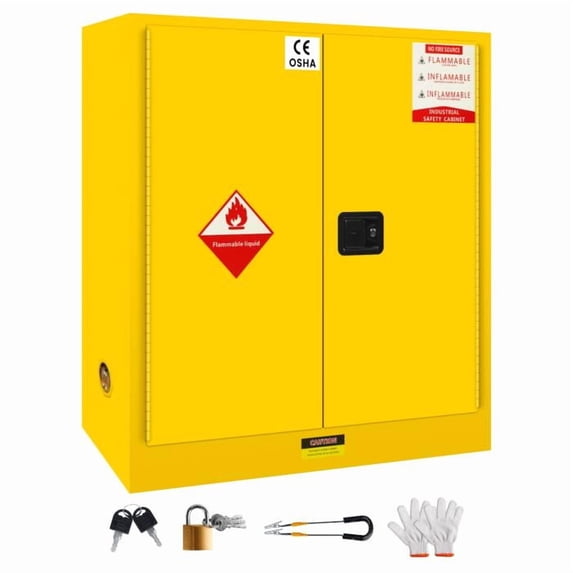 Industrial 30 Gallon Flammable Storage Cabinet, Fire and Explosion-Proof, Double-Layered Steel, Safety Cabinet, Yellow