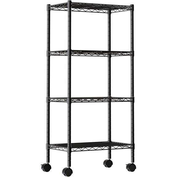 Industrial 4 Level Grid Storage Rack ,Mobile Metallic Shelving System with Lockable Wheels, Multi-Purpose Cabinet for Workshop, Culinary Space, Storeroom, Washroom & Restroom Black