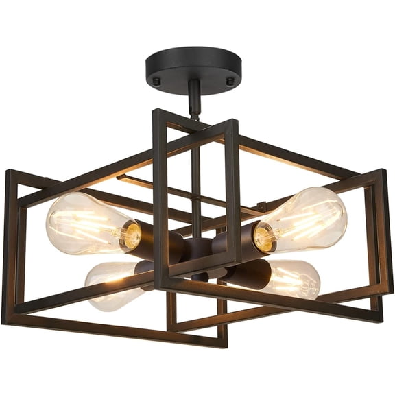Industrial 4-Light Semi Flush Mount Ceiling Light Fixture, Farmhouse Metal Black Close to Ceiling Lamp for Kitchen Island Bedroom Hallway, Modern Rectangle Frame