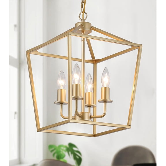 Industrial 4 Lights Chandelier, Gold Lantern Ceiling Light Fixtures with Rustic Metal Cage Adjustable Height Farmhouse Geometric Hanging for Kitchen Island, Dining Room, Entryway, UL Listed