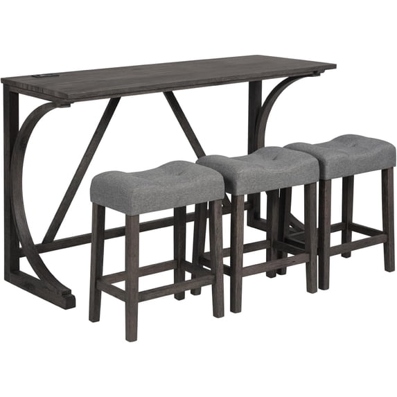 Industrial 4 Piece Bar Table Set with Power Outlet Breakfast Table Behind Couch Table with 3 Padded Stools for Kitchen Living Room Dining Room Dark Gray