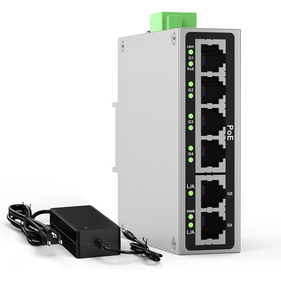 Industrial 4-Port Full Gigabit POE+ Switch with 60W UL Power Supply, 2 Gigabit Uplink Port, 6 Port DIN-Rail POE Switch for IP Cameras, VoIP Phones, Wireless APs