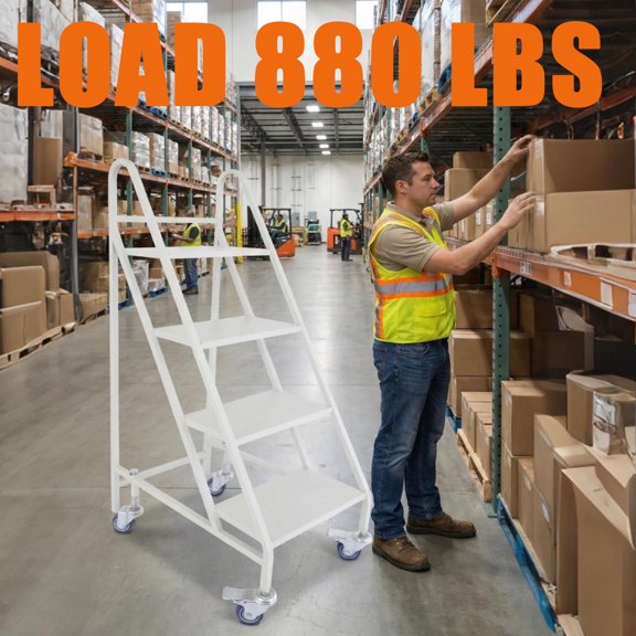 Industrial 4 Step Rolling Stairs with Wheels, Mobile Warehouse Step Ladder with Handrails, Non-Slip Steps, 9IN Wide Platform, 880 LBS Load for Garage, Library