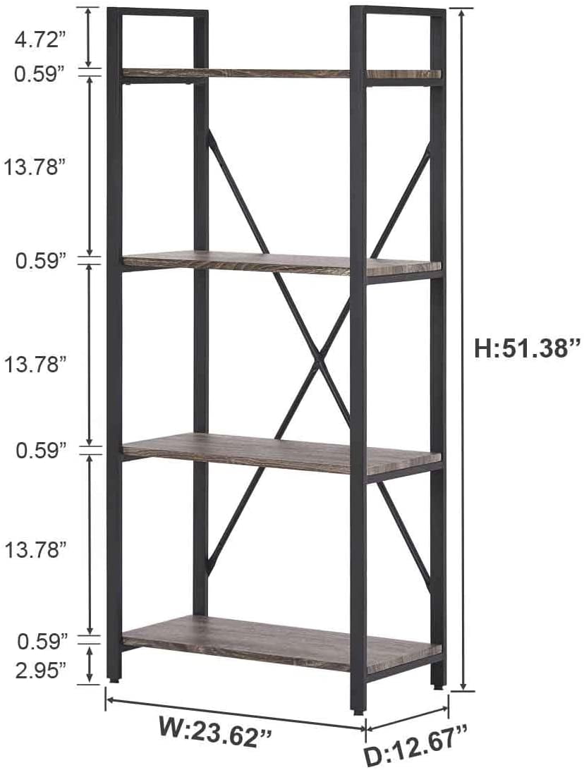 Industrial 4 Tier Bookshelf, Modern Open Etagere Bookcase, Wood Metal