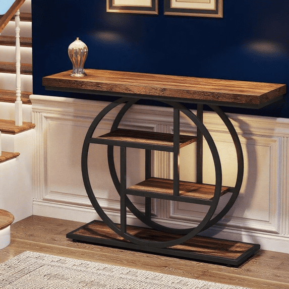 Industrial 4-Tier Console Table - 41.3" Rustic Brown with Circular Metal Base, 1.57" Thick Tabletop, Narrow Design for Entryway, Hallway, Living Room, Behind Couch