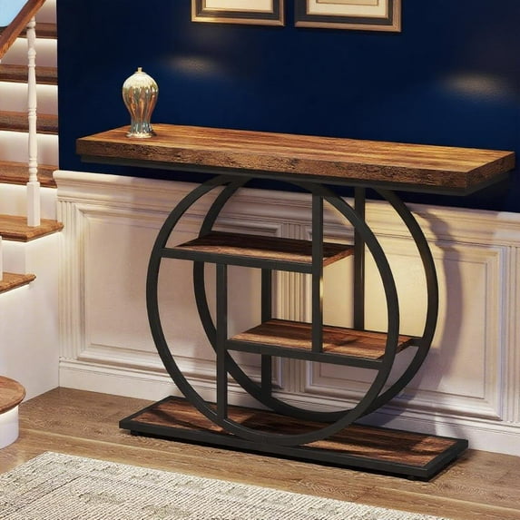 Industrial 4-Tier Console Table with Circle Base, Narrow Sofa Table for Living Room, Entryway Hallway - Rustic Brown