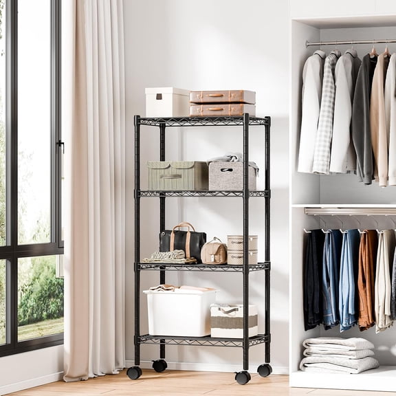 Industrial 4-Tier Mobile Storage Rack with Lockable Wheels, Heavy Duty Metal Shelving Unit for Garage Workshop Kitchen Bathroom