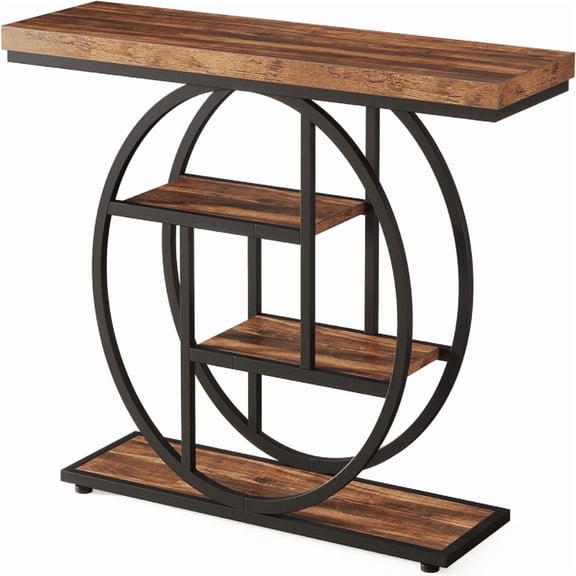Industrial 4-Tier Narrow Console Table, 41.3" Sofa Table with Circular Metal Base & 1.57" Thick Top for Entryway, Behind Couch, Rustic Brown