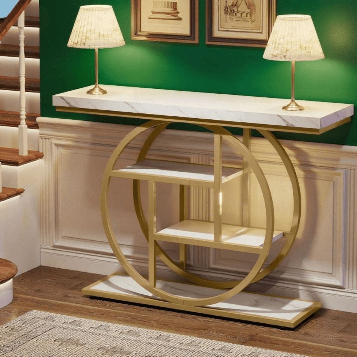 Industrial 4-Tier Narrow Console Table, 41.3" Sofa Table with Circular Metal Base & 1.57" Thick Top for Entryway, Behind Couch, White/Gold