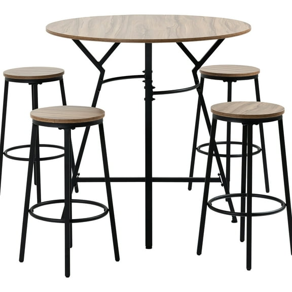Industrial 5 Dining Table And Chairs , Space Saving For Pub Kitchen. Black & Brown. 4 Stools. Can Sustain The Load Of 132 Lbs, 220 Lbs. Assembly Required Bar Option Bear Stress
