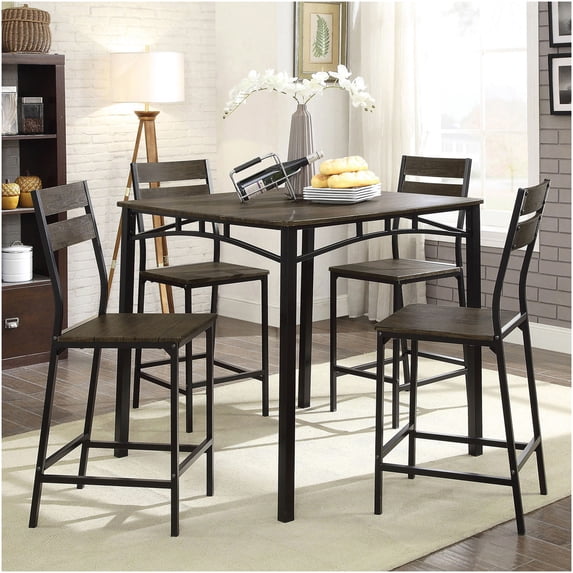 Industrial 5-Piece Counter Height Dining Set, Antique Brown Square Table with 4 Metal High Chairs for Kitchen, Breakfast Nook