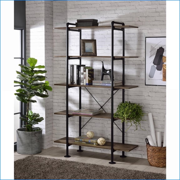 Industrial 5-Shelf Bookshelf, Rustic Oak & Black | Wood+Metal | Industrial