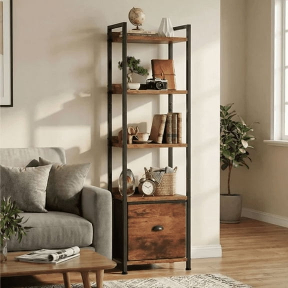 Industrial 5 Tier Bookshelf with Wooden Drawer, Metal Frame Open Storage Shelf, Freestanding Display Rack for Living Room Bedroom Kitchen