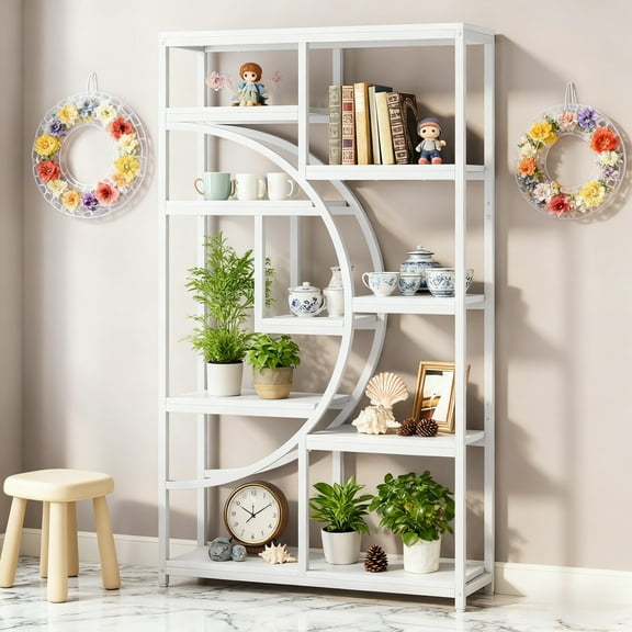 Industrial 5 Tier Etagere Bookcase, 9-Open Storage Shelves, Freestanding Tall Display Organizer with White Metal Frame & White Board for Living Room, Bedroom