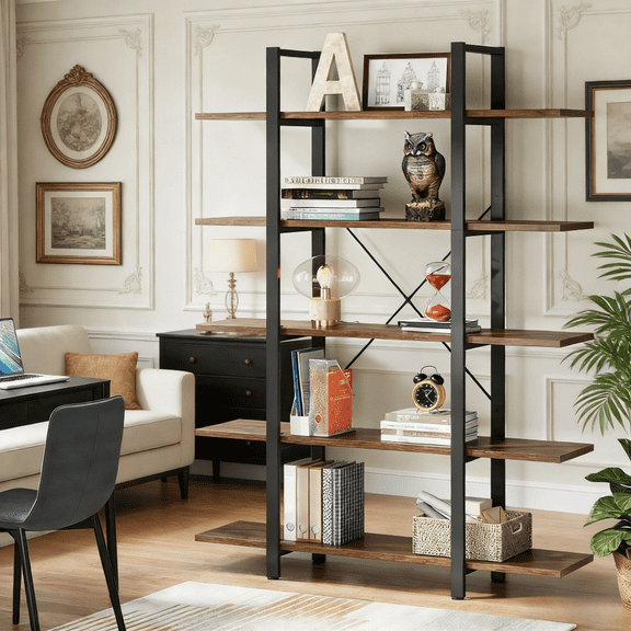 Industrial 5 Tier Open Bookcase 72 Inch Tall 47 Inch Long Extra Large Rustic Storage Shelf Solid Steel Frame Modern Farmhouse Loft Style Display Unit for Living Room Office Heavy Duty Organizer