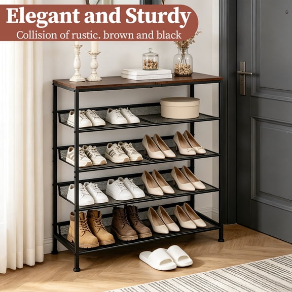 Industrial 5 Tier Shoe Rack with Removable Mesh Shelves 16 to 20 Pair Capacity Sturdy Metal Frame Top Load 44 lb Each Shelf 22 lb Rustic Brown and Black