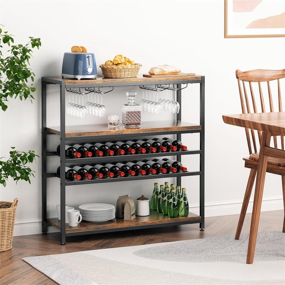 Industrial 5-Tier Wine Rack Table with Storage, Rustic Brown