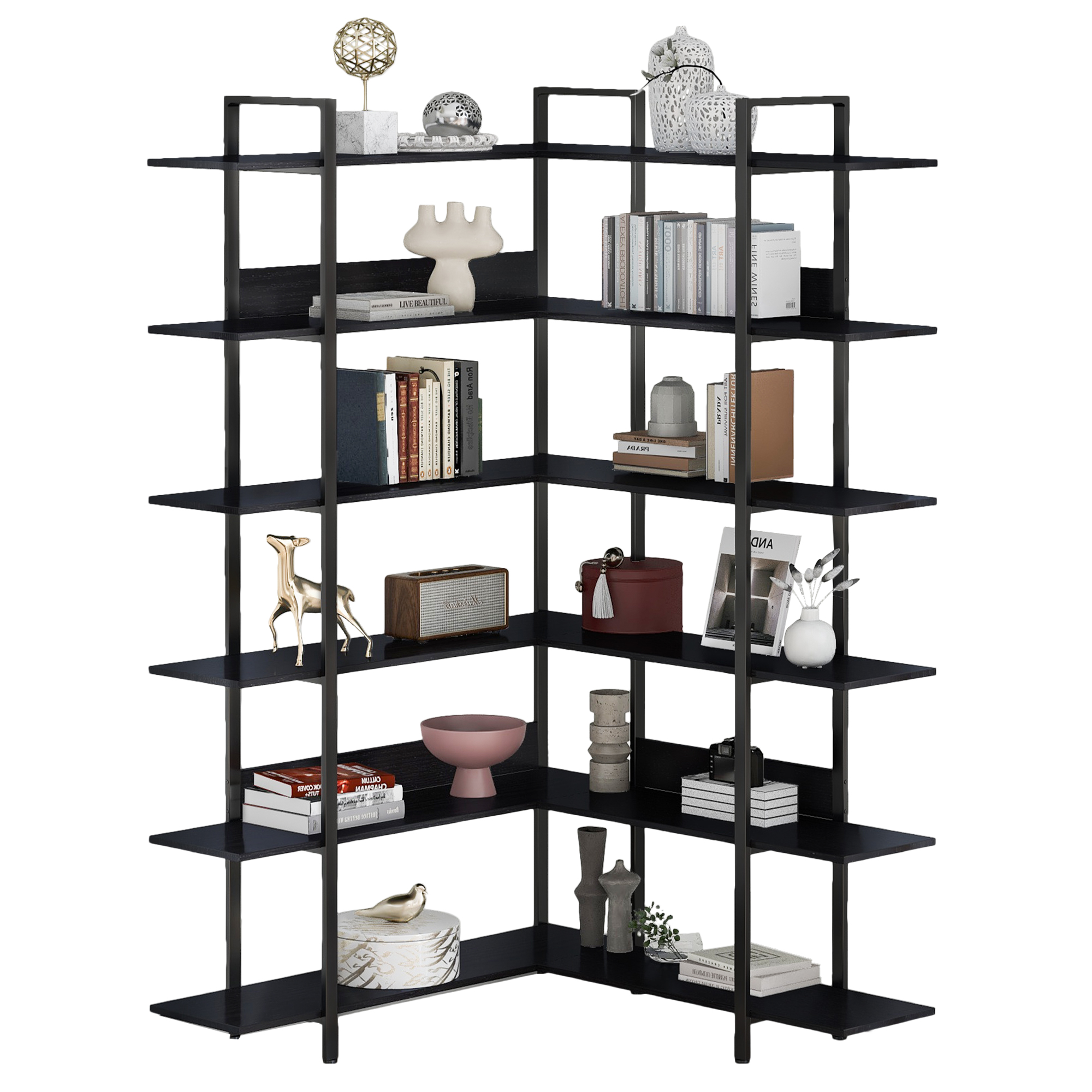 Industrial 6 Tier LShape Bookshelf, Wood Corner Bookcase Display Rack