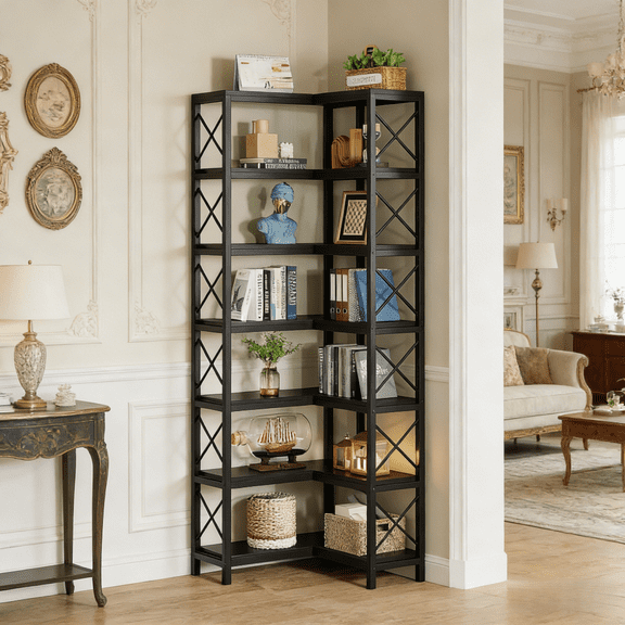 Industrial 7 Tier Corner Bookshelf 78In Tall X Bar Design Matte Black Metal Frame Rustic Modern Farmhouse Style 14 Open Shelves Storage Unit for Small Space Living Room Bedroom Apartment Home Office