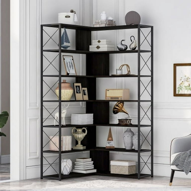 Industrial 7-Tier Rotating Bookshelf, L-Shaped Corner Bookcase Double Wide  Bookcase, Open Bookcase, Wood Corner Shelf with Metal Frame, Tall Storage  Display Rack for Home Office, Living Room, Black 