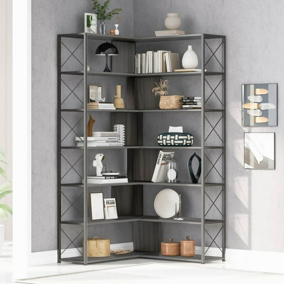 Industrial 7-Tier Rotating Bookshelf, L-Shaped Corner Bookcase Wide Bookcase, Open Bookcase, Wood Corner Shelf with Metal Frame, Tall Storage Display Rack for Home Office, Living Room, Silver+Grey