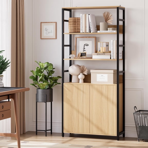 Industrial 71'' Bookshelf with Doors and 3-Tier Adjustable Shelves Sturdy Metal Frame Protective Rails Rustic Wood Display Rack Storage Cabinet for Living Room Home Office Dining Room
