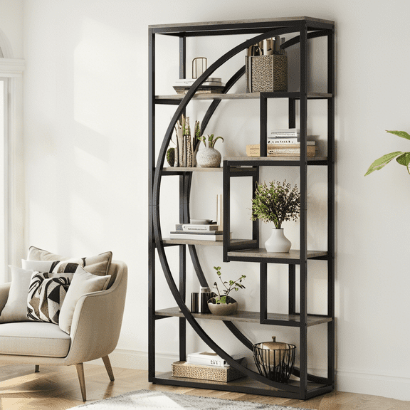 70.9 Inch Gray Wood & Black Metal 8-Shelf Bookshelf, Modern Geometric Industrial Bookcase - Tall Display Shelving for Home/Office