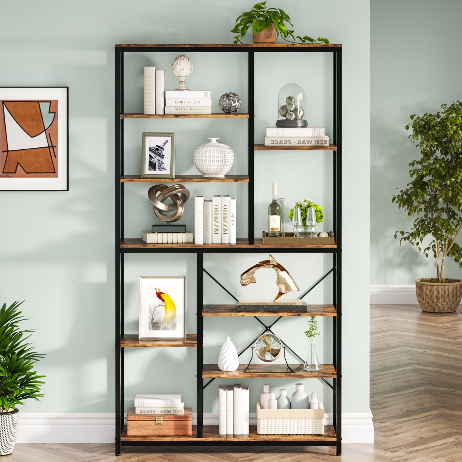 Industrial Black and Rustic Brown 8-Tier Large Wood Bookshelf