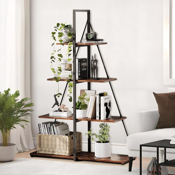 Industrial A-Shaped 4-Tier Corner Ladder Bookcase - Steel Frame Open Wooden Display Shelving Unit,Black iron + retro wood board