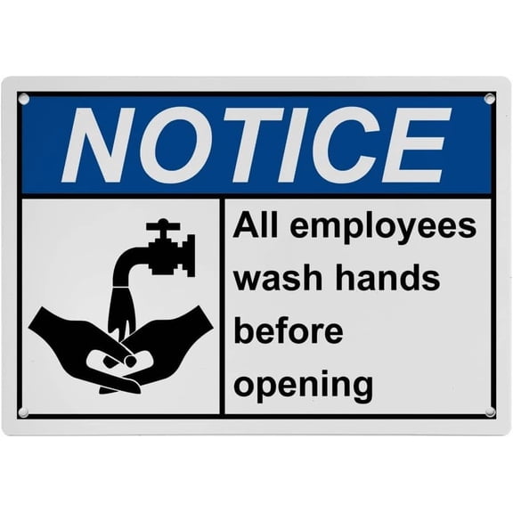 Industrial ANSI Horizontal Employee Wash Hands Sign - 8"x12" Weatherproof, UV Resistant for Indoor/Outdoor Workplace (All employees wash hands before opening)