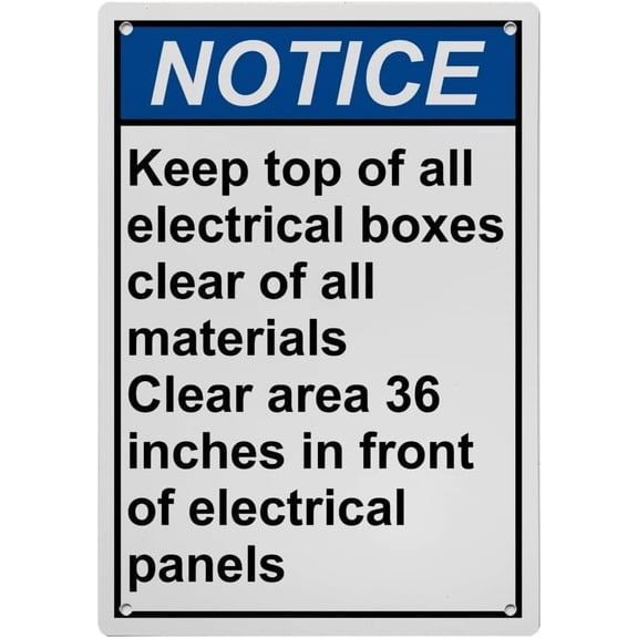 Industrial ANSI Vertical Electrical Panel Warning Sign - 8"x12" (Keep top of all electrical boxes clear of all materials Clear area 36 inches in front of electrical panels)