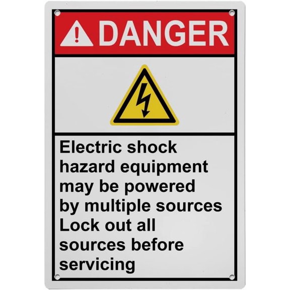 Industrial ANSI Vertical Electrical Warning Sign - 8"x12" Weatherproof, UV Resistant (Electric shock hazard equipment may be powered by multiple sources Lock out all sources before servicing)
